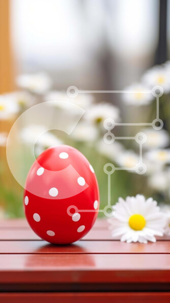 Intra Συλλεκτικό Ξύλινο Παζλ Plywood  4mm - Κόκκινη μπάλα με πουά και μαργαρίτες σε ξύλινο πάγκο Σε Ξύλινο Κουτί - Διαστάσεις: 10x10 cm – 25 κομμάτια