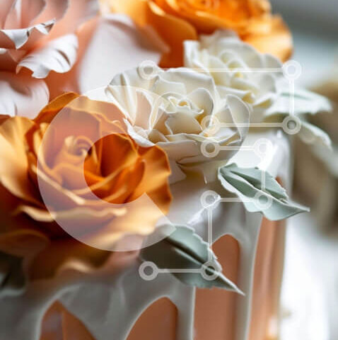 Intra Συλλεκτικό Ξύλινο Παζλ Plywood  4mm - Κέικ με λευκά και πορτοκαλί τριαντάφυλλα σε πορτοκαλί φόντο Σε Ξύλινο Κουτί - Διαστάσεις: 10x10 cm – 25 κομμάτια - Image 1