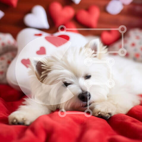 Intra Συλλεκτικό Ξύλινο Παζλ Plywood  4mm - Λευκό σκυλί στο κρεβάτι με φόντο κόκκινες καρδιές Σε Ξύλινο Κουτί - Διαστάσεις: 10x10 cm – 25 κομμάτια - Image 1