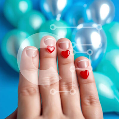 Intra Συλλεκτικό Ξύλινο Παζλ Plywood  4mm - Γυναικείο χέρι με κόκκινες καρδιές ζωγραφισμένες σε νύχια και μπαλόνια στο φόντο Σε Ξύλινο Κουτί - Διαστάσεις: 10x10 cm – 25 κομμάτια - Image 1