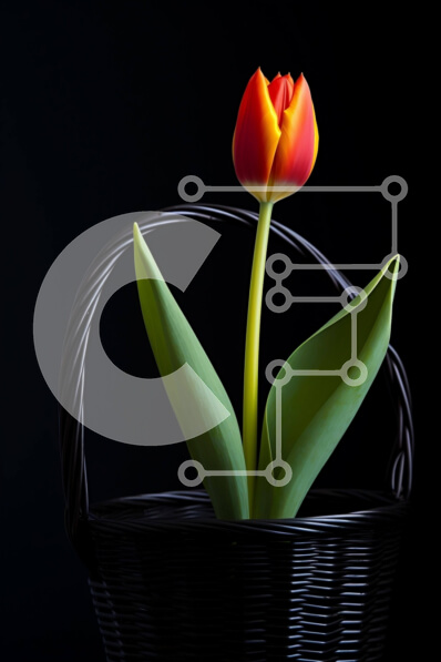 Intra Συλλεκτικό Ξύλινο Παζλ Plywood  4mm - Μονό πορτοκαλί λουλούδι τουλίπας σε μαύρο καλάθι Σε Ξύλινο Κουτί - Διαστάσεις: 10x10 cm – 25 κομμάτια