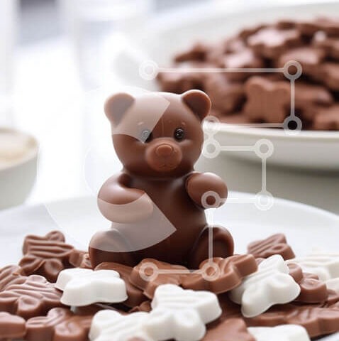 Intra Συλλεκτικό Ξύλινο Παζλ Plywood  4mm - Λευκό πιάτο με αρκουδάκια σοκολάτας και κομμάτια καραμέλας Σε Ξύλινο Κουτί - Διαστάσεις: 10x10 cm – 25 κομμάτια - Image 1