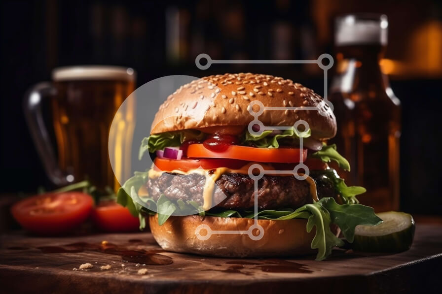 Intra Συλλεκτικό Ξύλινο Παζλ Plywood  4mm - Λαχταριστό Cheeseburger με φρέσκα λαχανικά και μπουκάλια μπύρας στο βάθος Σε Ξύλινο Κουτί - Διαστάσεις: 10x10 cm – 25 κομμάτια