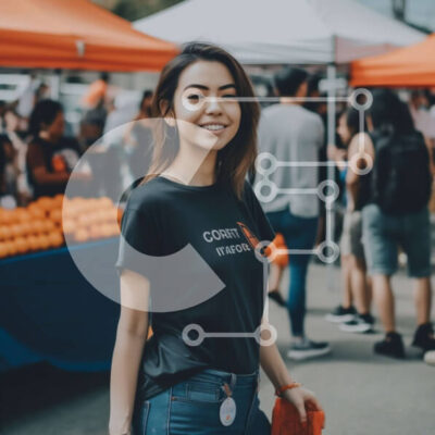 Intra Συλλεκτικό Ξύλινο Παζλ Plywood 4mm - Κομψή γυναίκα ποζάρει με πορτοκάλια σε ένα «τραγανό πορτοκαλί» πουκάμισο Σε Ξύλινο Κουτί - Διαστάσεις: 10x10 cm – 25 κομμάτια - Image 1