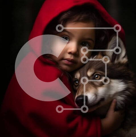 Intra Συλλεκτικό Ξύλινο Παζλ Plywood  4mm - Αξιολάτρευτη εικόνα νεαρής κοπέλας που αγκαλιάζει τον λύκο με κόκκινη κουκούλα Σε Ξύλινο Κουτί - Διαστάσεις: 10x10 cm – 25 κομμάτια - Image 1