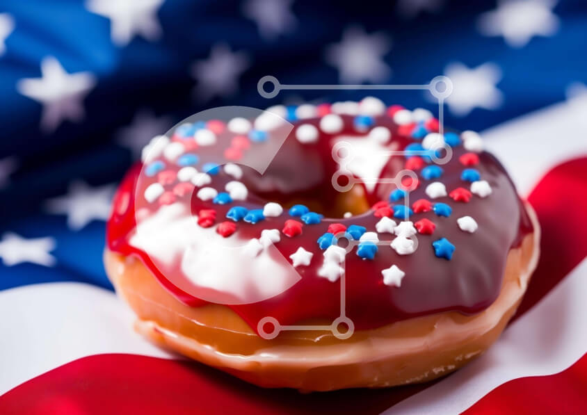 Intra Συλλεκτικό Ξύλινο Παζλ Plywood  4mm - Πατριωτικό ντόνατ με κόκκινο, λευκό και μπλε πασπαλίζει σε φόντο αμερικανικής σημαίας Σε Ξύλινο Κουτί - Διαστάσεις: 10x10 cm – 25 κομμάτια