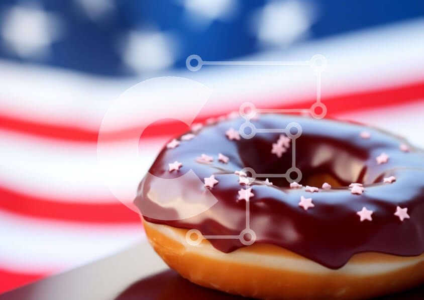 Intra Συλλεκτικό Ξύλινο Παζλ Plywood  4mm - Πατριωτικό ντόνατ σοκολάτας σε φόντο αμερικανικής σημαίας Σε Ξύλινο Κουτί - Διαστάσεις: 10x10 cm – 25 κομμάτια