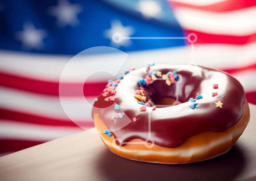 Intra Συλλεκτικό Ξύλινο Παζλ Plywood  4mm - Πατριωτικό ντόνατ με πάγωμα σοκολάτας και πασπαλίζει σε φόντο αμερικανικής σημαίας Σε Ξύλινο Κουτί - Διαστάσεις: 10x10 cm – 25 κομμάτια