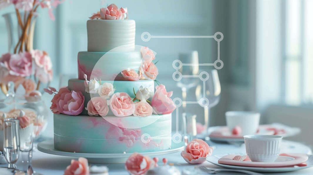 Intra Συλλεκτικό Ξύλινο Παζλ Plywood  4mm - Κομψή τούρτα τριών επιπέδων με ροζ και μπλε τριαντάφυλλα Σε Ξύλινο Κουτί - Διαστάσεις: 10x10 cm – 25 κομμάτια