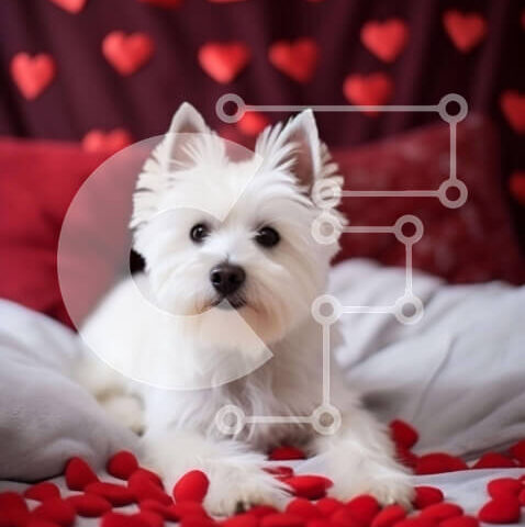 Intra Συλλεκτικό Ξύλινο Παζλ Plywood 4mm - Σκύλος West Highland Terrier σε διακοσμημένο κρεβάτι με καρδιά Σε Ξύλινο Κουτί - Διαστάσεις: 10x10 cm – 25 κομμάτια - Image 1