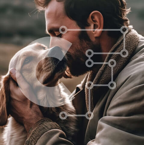 Intra Συλλεκτικό Ξύλινο Παζλ Plywood  4mm - Συγκινητική εικόνα ενός άνδρα και του σκύλου του σε ένα όμορφο χωράφι Σε Ξύλινο Κουτί - Διαστάσεις: 10x10 cm – 25 κομμάτια - Image 1