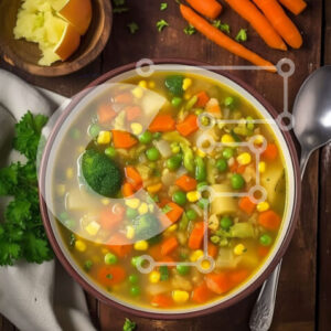 Intra Συλλεκτικό Ξύλινο Παζλ Plywood  4mm - Απολαύστε ένα υγιεινό μπολ με σούπα λαχανικών με καρότα, πατάτες και πράσινα φασόλια Σε Ξύλινο Κουτί - Διαστάσεις: 10x10 cm – 25 κομμάτια