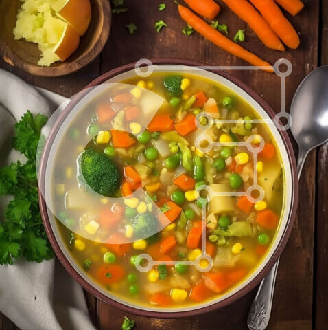 Intra Συλλεκτικό Ξύλινο Παζλ Plywood 4mm - Απολαύστε ένα υγιεινό μπολ με σούπα λαχανικών με καρότα, πατάτες και πράσινα φασόλια Σε Ξύλινο Κουτί - Διαστάσεις: 10x10 cm – 25 κομμάτια - Image 1