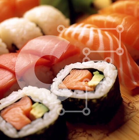 Intra Συλλεκτικό Ξύλινο Παζλ Plywood  4mm - Πιάτο σούσι με ψάρια και λαχανικά - Φωτογραφία Αρχείου Σε Ξύλινο Κουτί - Διαστάσεις: 10x10 cm – 25 κομμάτια - Image 1