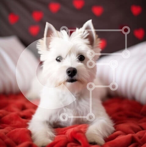 Intra Συλλεκτικό Ξύλινο Παζλ Plywood  4mm - Ευτυχισμένος σκύλος στο κρεβάτι με φόντο κόκκινες καρδιές Σε Ξύλινο Κουτί - Διαστάσεις: 10x10 cm – 25 κομμάτια - Image 1