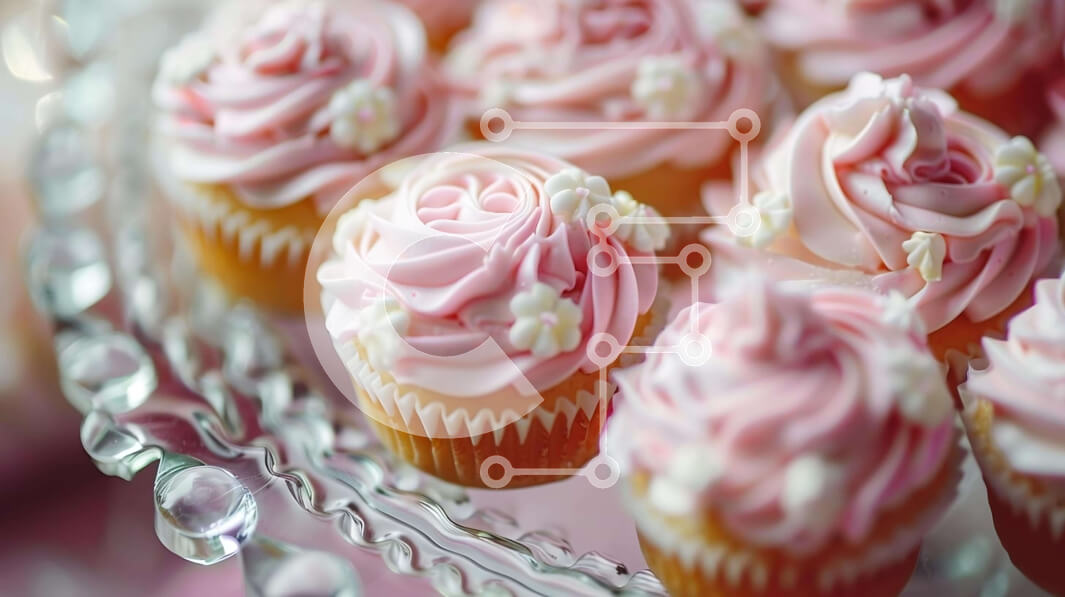 Intra Συλλεκτικό Ξύλινο Παζλ Plywood  4mm - Ροζ cupcakes με λευκό παγωμένο και λουλούδια σε διάφανο γυάλινο πιάτο Σε Ξύλινο Κουτί - Διαστάσεις: 10x10 cm – 25 κομμάτια