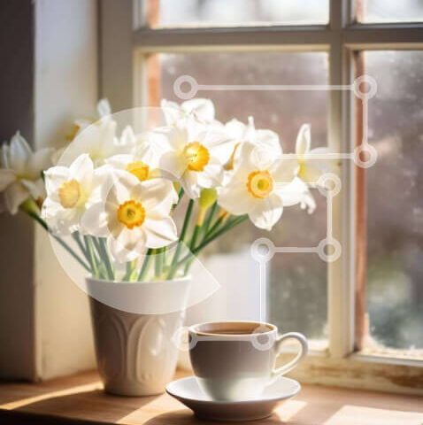 Intra Συλλεκτικό Ξύλινο Παζλ Plywood  4mm - Καφές και Νάρκισσοι στο περβάζι του παραθύρου Σε Ξύλινο Κουτί - Διαστάσεις: 10x10 cm – 25 κομμάτια - Image 1