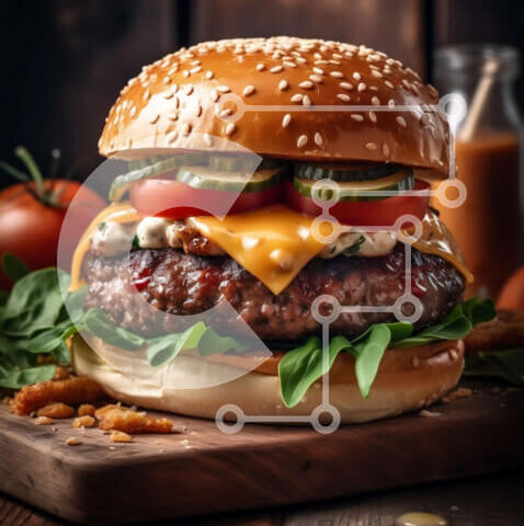 Intra Συλλεκτικό Ξύλινο Παζλ Plywood  4mm - Νόστιμο Cheeseburger με μαρούλι, ντομάτα και κέτσαπ σε ξύλινο ξύλο κοπής Σε Ξύλινο Κουτί - Διαστάσεις: 10x10 cm – 25 κομμάτια - Image 1