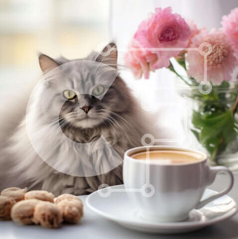 Intra Συλλεκτικό Ξύλινο Παζλ Plywood  4mm - Γκρίζα γάτα στο περβάζι παραθύρου με καφέ και μπισκότα Σε Ξύλινο Κουτί - Διαστάσεις: 10x10 cm – 25 κομμάτια - Image 1