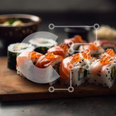 Intra Συλλεκτικό Ξύλινο Παζλ Plywood  4mm - Νόστιμη πιατέλα σούσι με ρολά σολομού, τόνου και αβοκάντο Σε Ξύλινο Κουτί - Διαστάσεις: 10x10 cm – 25 κομμάτια - Image 1