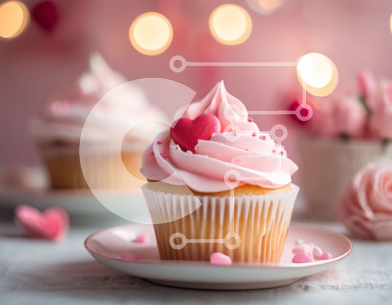 Intra Συλλεκτικό Ξύλινο Παζλ Plywood  4mm - Ρομαντικά επιδόρπια cupcake με ροζ πάγωμα και ψεκασμούς σε σχήμα καρδιάς Σε Ξύλινο Κουτί - Διαστάσεις: 10x10 cm – 25 κομμάτια