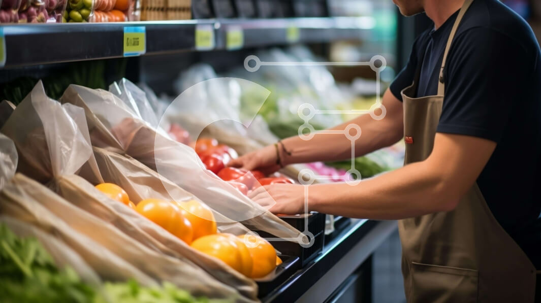 Intra Συλλεκτικό Ξύλινο Παζλ Plywood  4mm - Άνδρας που ψωνίζει φρέσκα προϊόντα στο τμήμα προϊόντων του παντοπωλείου Σε Ξύλινο Κουτί - Διαστάσεις: 10x10 cm – 25 κομμάτια