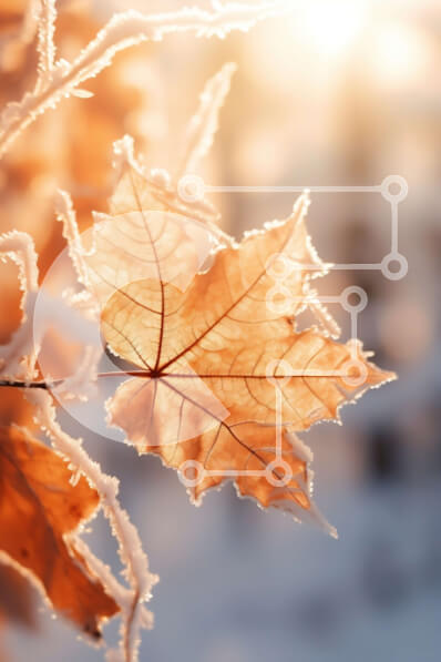 Intra Συλλεκτικό Ξύλινο Παζλ Plywood  4mm - Κοντινή όψη του φθινοπωρινού φύλλου που καλύπτεται από παγετό Σε Ξύλινο Κουτί - Διαστάσεις: 10x10 cm – 25 κομμάτια