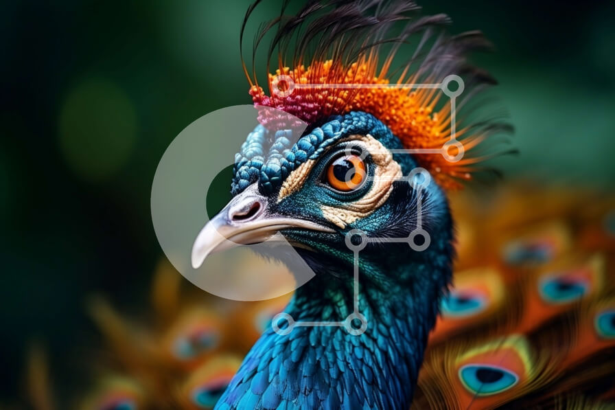 Intra Συλλεκτικό Ξύλινο Παζλ Plywood  4mm - Κοντινό πλάνο του κεφαλιού ενός παγωνιού με φτερά με έντονα χρώματα Σε Ξύλινο Κουτί - Διαστάσεις: 10x10 cm – 25 κομμάτια