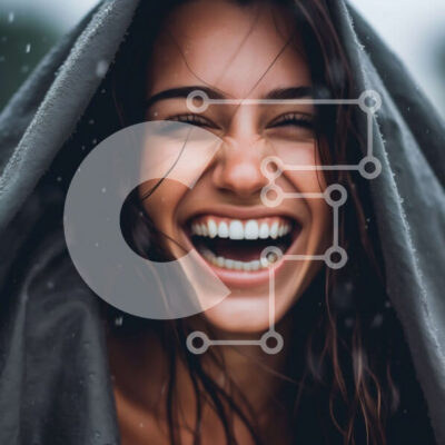 Intra Συλλεκτικό Ξύλινο Παζλ Plywood  4mm - Κομψή εικόνα μιας γυναίκας με μαύρο αδιάβροχο που χαμογελά Σε Ξύλινο Κουτί - Διαστάσεις: 10x10 cm – 25 κομμάτια - Image 1