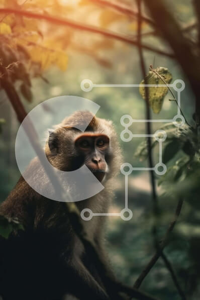 Intra Συλλεκτικό Ξύλινο Παζλ Plywood  4mm - Κοντινό πλάνο περίεργος μαϊμού με πρόσωπο σε καταπράσινη ζούγκλα Σε Ξύλινο Κουτί - Διαστάσεις: 10x10 cm – 25 κομμάτια