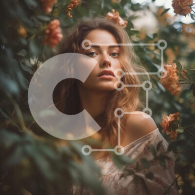 Intra Συλλεκτικό Ξύλινο Παζλ Plywood  4mm - Ρομαντική εικόνα μιας γυναίκας με μια φλοράλ φούστα που στέκεται σε έναν κήπο με τριαντάφυλλα Σε Ξύλινο Κουτί - Διαστάσεις: 10x10 cm – 25 κομμάτια - Image 1