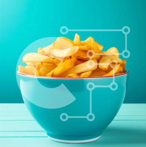 Intra Συλλεκτικό Ξύλινο Παζλ Plywood  4mm - Μπολ με τηγανιτές πατάτες σε ένα μπλε τραπέζι Σε Ξύλινο Κουτί - Διαστάσεις: 10x10 cm – 25 κομμάτια - Image 1