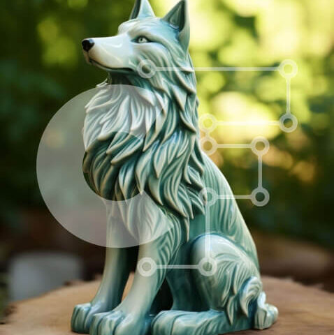 Intra Συλλεκτικό Ξύλινο Παζλ Plywood  4mm - Πράσινο κεραμικό άγαλμα λύκου σε φυσικό περιβάλλον Σε Ξύλινο Κουτί - Διαστάσεις: 10x10 cm – 25 κομμάτια - Image 1