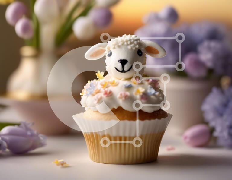 Intra Συλλεκτικό Ξύλινο Παζλ Plywood  4mm - Πασχαλινό cupcake με ειδώλιο προβάτου και μωβ λουλούδια Σε Ξύλινο Κουτί - Διαστάσεις: 10x10 cm – 25 κομμάτια