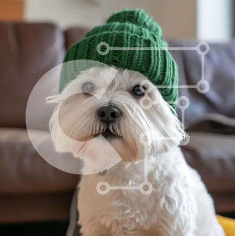 Intra Συλλεκτικό Ξύλινο Παζλ Plywood 4mm - Αξιολάτρευτο λευκό σκυλί με πράσινη πλεκτή φασόλια Σε Ξύλινο Κουτί - Διαστάσεις: 10x10 cm – 25 κομμάτια - Image 1