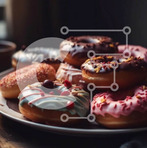 Intra Συλλεκτικό Ξύλινο Παζλ Plywood  4mm - Πιάτο με πολύχρωμα γυαλισμένα ντόνατς σε ένα ξύλινο τραπέζι με θέα στον ορίζοντα της πόλης Σε Ξύλινο Κουτί - Διαστάσεις: 10x10 cm – 25 κομμάτια - Image 1