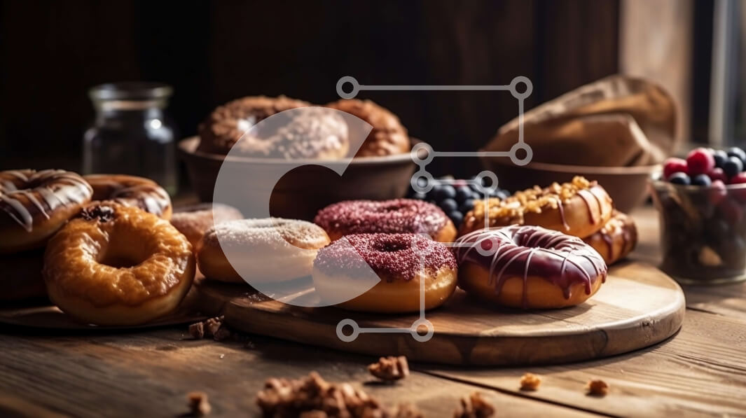 Intra Συλλεκτικό Ξύλινο Παζλ Plywood  4mm - Νόστιμα διάφορα ντόνατς με διάφορα γαρνιτούρα σε ξύλινο τραπέζι Σε Ξύλινο Κουτί - Διαστάσεις: 10x10 cm – 25 κομμάτια