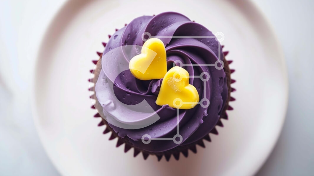 Intra Συλλεκτικό Ξύλινο Παζλ Plywood  4mm - Μωβ Cupcake με κίτρινες καρδιές σε λευκό πιάτο Σε Ξύλινο Κουτί - Διαστάσεις: 10x10 cm – 25 κομμάτια