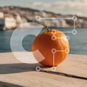 Intra Συλλεκτικό Ξύλινο Παζλ Plywood  4mm - Φρέσκο ​​και ώριμο πορτοκάλι σε ξύλινο τραπέζι με θέα στη θάλασσα Σε Ξύλινο Κουτί - Διαστάσεις: 10x10 cm – 25 κομμάτια - Image 1