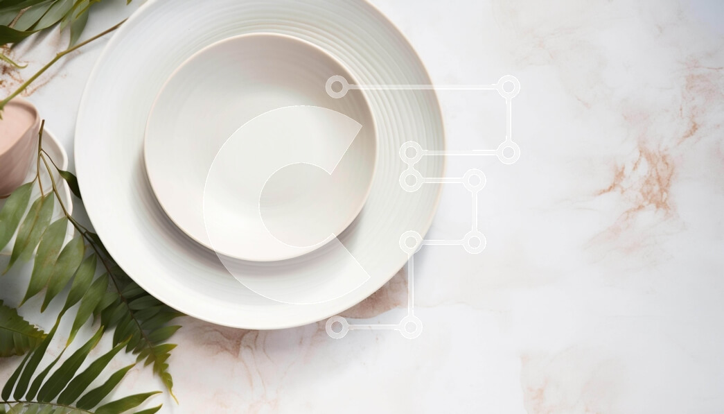 Intra Συλλεκτικό Ξύλινο Παζλ Plywood  4mm - Λευκό πιάτο με μπολ και πράσινα φύλλα σε ένα μαρμάρινο τραπέζι Σε Ξύλινο Κουτί - Διαστάσεις: 10x10 cm – 25 κομμάτια