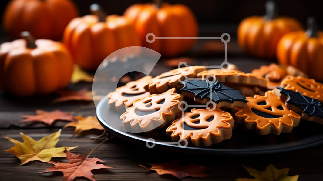 Intra Συλλεκτικό Ξύλινο Παζλ Plywood  4mm - Μπισκότα σε σχήμα κολοκύθας με χαμογελαστά πρόσωπα και φτερά νυχτερίδας σε ένα ξύλινο πιάτο Σε Ξύλινο Κουτί - Διαστάσεις: 10x10 cm – 25 κομμάτια