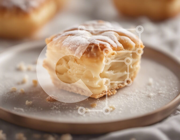 Intra Συλλεκτικό Ξύλινο Παζλ Plywood  4mm - Μικρό τετράγωνο ζαχαροπλαστείο με ζάχαρη άχνη σε λευκό πιάτο Σε Ξύλινο Κουτί - Διαστάσεις: 10x10 cm – 25 κομμάτια