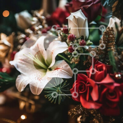 Intra Συλλεκτικό Ξύλινο Παζλ Plywood  4mm - Εκπληκτική κοντινή πλάνο από ένα μπουκέτο με τριαντάφυλλα, κρίνους και πρασινάδα σε ένα ξύλινο τραπέζι Σε Ξύλινο Κουτί - Διαστάσεις: 10x10 cm – 25 κομμάτια - Image 1