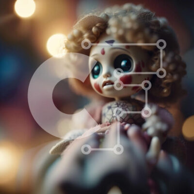 Intra Συλλεκτικό Ξύλινο Παζλ Plywood  4mm - Όμορφη κινηματογράφηση σε πρώτο πλάνο μιας κούκλας με μεγάλα μπλε μάτια και σγουρά ξανθά μαλλιά Σε Ξύλινο Κουτί - Διαστάσεις: 10x10 cm – 25 κομμάτια - Image 1