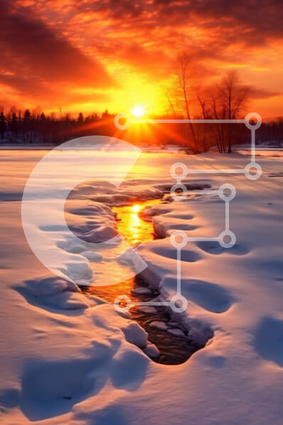 Intra Συλλεκτικό Ξύλινο Παζλ Plywood  4mm - Όμορφη εικόνα του ηλιοβασιλέματος πάνω από το χιονισμένο τοπίο με τον ποταμό Σε Ξύλινο Κουτί - Διαστάσεις: 10x10 cm – 25 κομμάτια