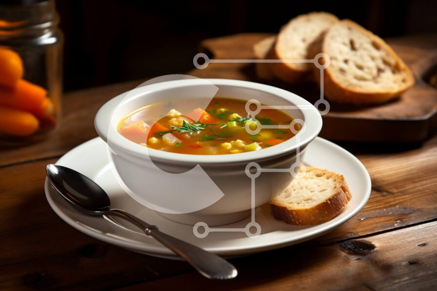 Intra Συλλεκτικό Ξύλινο Παζλ Plywood  4mm - Νόστιμη εικόνα της σούπας με φρέσκα λαχανικά και ψωμί σε ένα τραπέζι Σε Ξύλινο Κουτί - Διαστάσεις: 10x10 cm – 25 κομμάτια