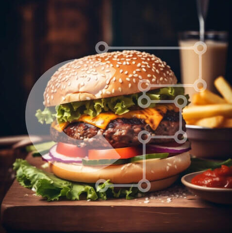 Intra Συλλεκτικό Ξύλινο Παζλ Plywood  4mm - Νόστιμο Cheeseburger με μαρούλι, ντομάτα και τηγανιτές πατάτες Σε Ξύλινο Κουτί - Διαστάσεις: 10x10 cm – 25 κομμάτια - Image 1