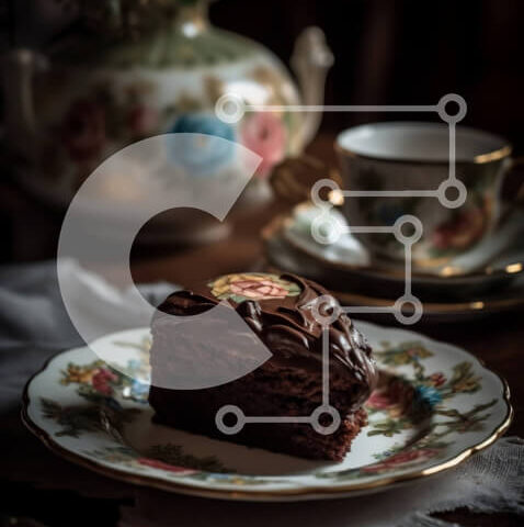 Intra Συλλεκτικό Ξύλινο Παζλ Plywood  4mm - Κέικ σοκολάτας σε ένα υπέροχο τραπέζι με φλιτζάνι τσαγιού και πιατάκι Σε Ξύλινο Κουτί - Διαστάσεις: 10x10 cm – 25 κομμάτια - Image 1