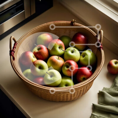 Intra Συλλεκτικό Ξύλινο Παζλ Plywood 4mm - Όμορφη εικόνα των μήλων σε ένα ψάθινο καλάθι σε έναν πάγκο κουζίνας Σε Ξύλινο Κουτί - Διαστάσεις: 10x10 cm – 25 κομμάτια - Image 1