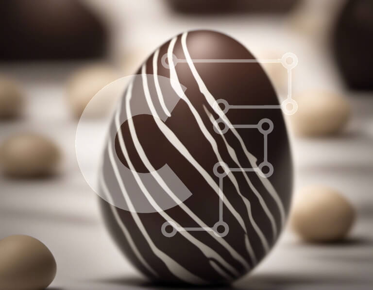 Intra Συλλεκτικό Ξύλινο Παζλ Plywood  4mm - Σοκολατένιο πασχαλινό αυγό με λευκές ρίγες που περιβάλλεται από μικρά αυγά και αμύγδαλα Σε Ξύλινο Κουτί - Διαστάσεις: 10x10 cm – 25 κομμάτια